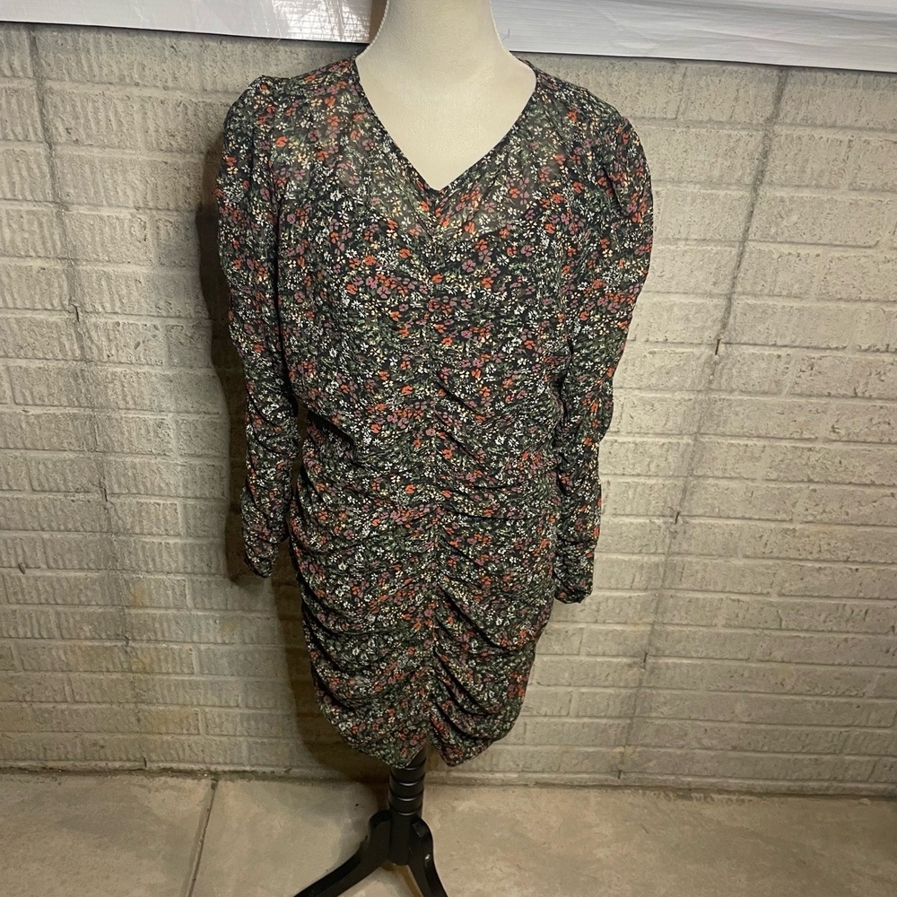 Lush Dark Floral Ruched Long Sleeve Back Zip Mini Dress Size XL